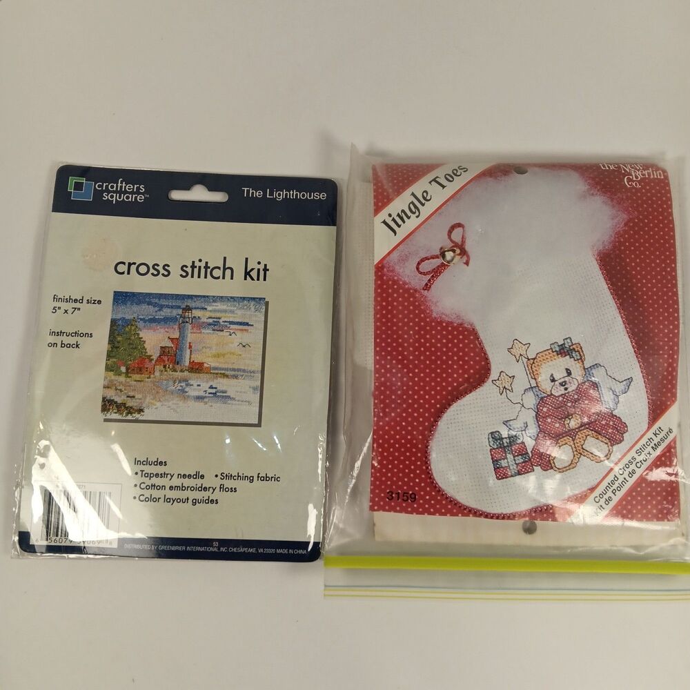 Lot of 2 Cross Stitch Kits Lighthouse & Teddy Bear Stocking Ornament